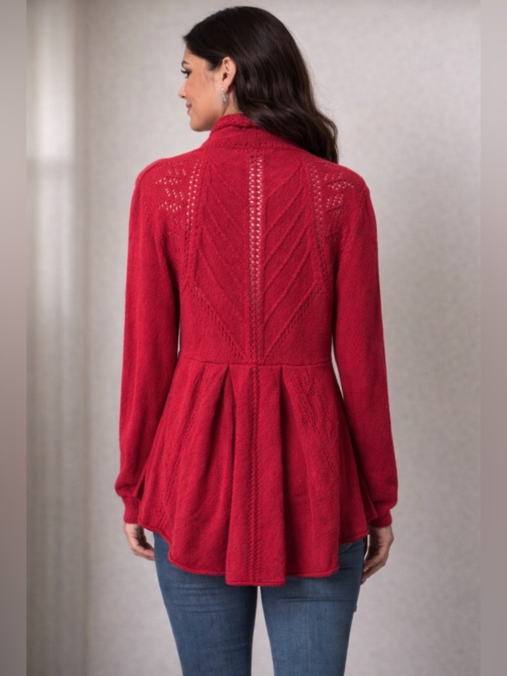 Anthropologie Knitted & Knotted bright red open front crochet sweater cardigan